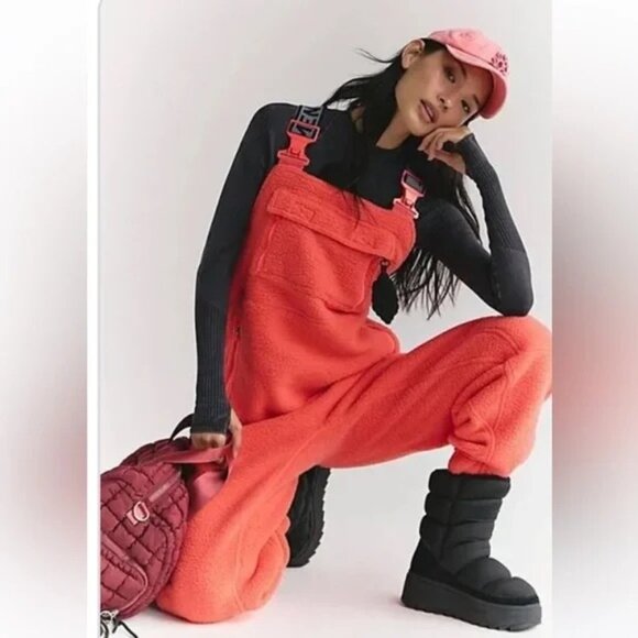 Free People Hit the Slopes Ski Salopette Fleece Slouchy Bib Large L Orange NWT - Picture 1 of 5